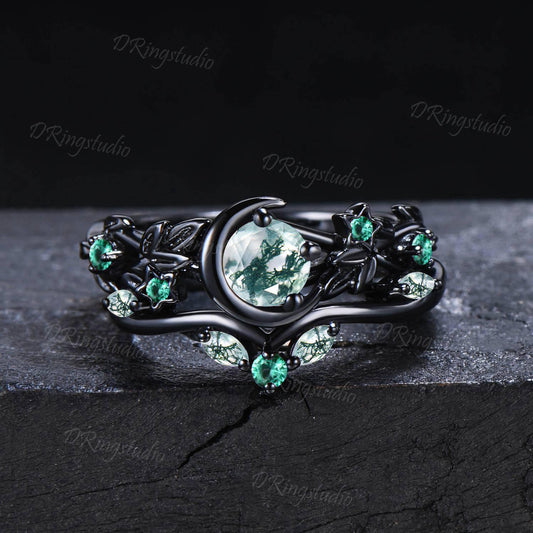 Gothic Black Round Natural Moss Agate Engagement Ring 10k Black Gold Twig Leaf Green Emerald Wedding Ring Moon Star Bridal Set Proposal Gift