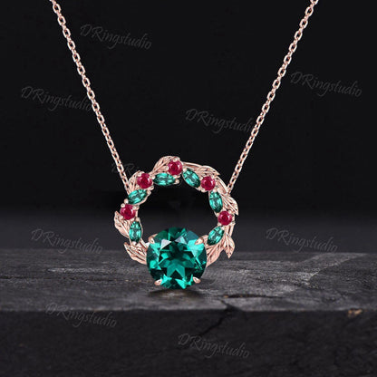 Dainty Rose Gold Round Emerald Necklace Cluster Ruby Chain Pendant Christmas Wreath Necklace Leaf Vine Necklace Winter Xmas Gift for Women