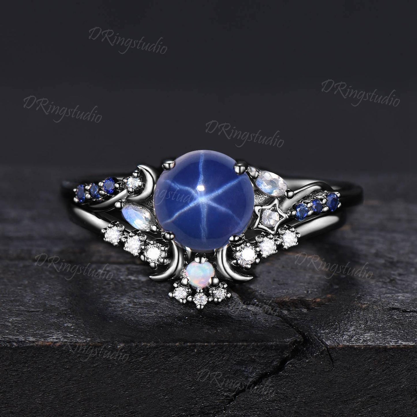 Moon Star Sapphire Engagement Ring Sterling Silver Cluster Blue Sapphire Moonstone Wedding Ring Set Round Blue Lindy Star Ring Proposal Gift