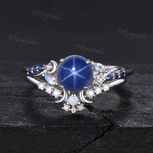 Moon Star Sapphire Engagement Ring Sterling Silver Cluster Blue Sapphire Moonstone Wedding Ring Set Round Blue Lindy Star Ring Proposal Gift