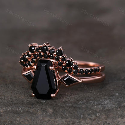 Vintage coffin cut black onyx engagement ring unique curved black spinel stacking band rose gold ring unique black gemstone wedding ring set