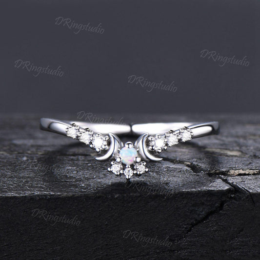 Celestial Moon Opal Wedding Band Sterling Silver Band Vintage Moissanite Diamond Curved Stacking band Celestial Moon Matching Nesting Band