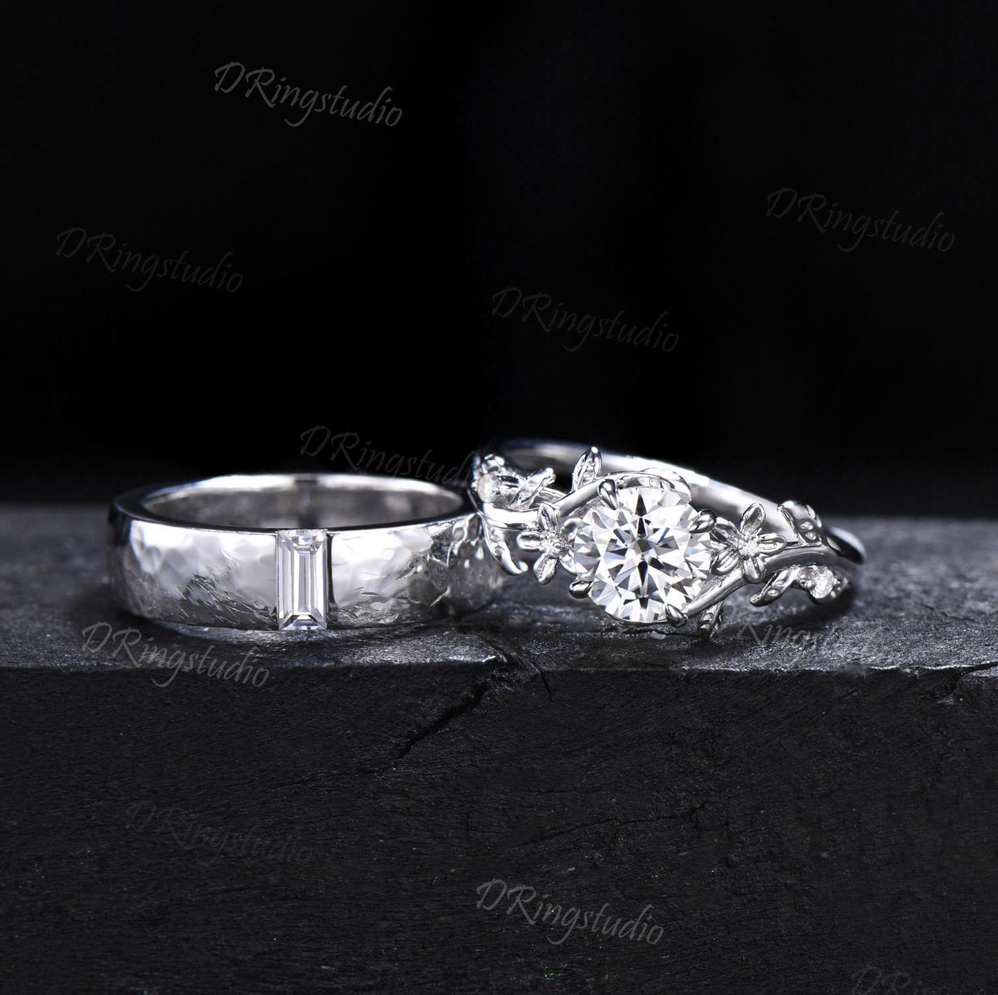 Dainty White Gold Moissanite Couple Ring Set 5mm Hammered Baguette Cut Moissanite Wedding Band 1ct Round Moissanite Floral Engagement Ring