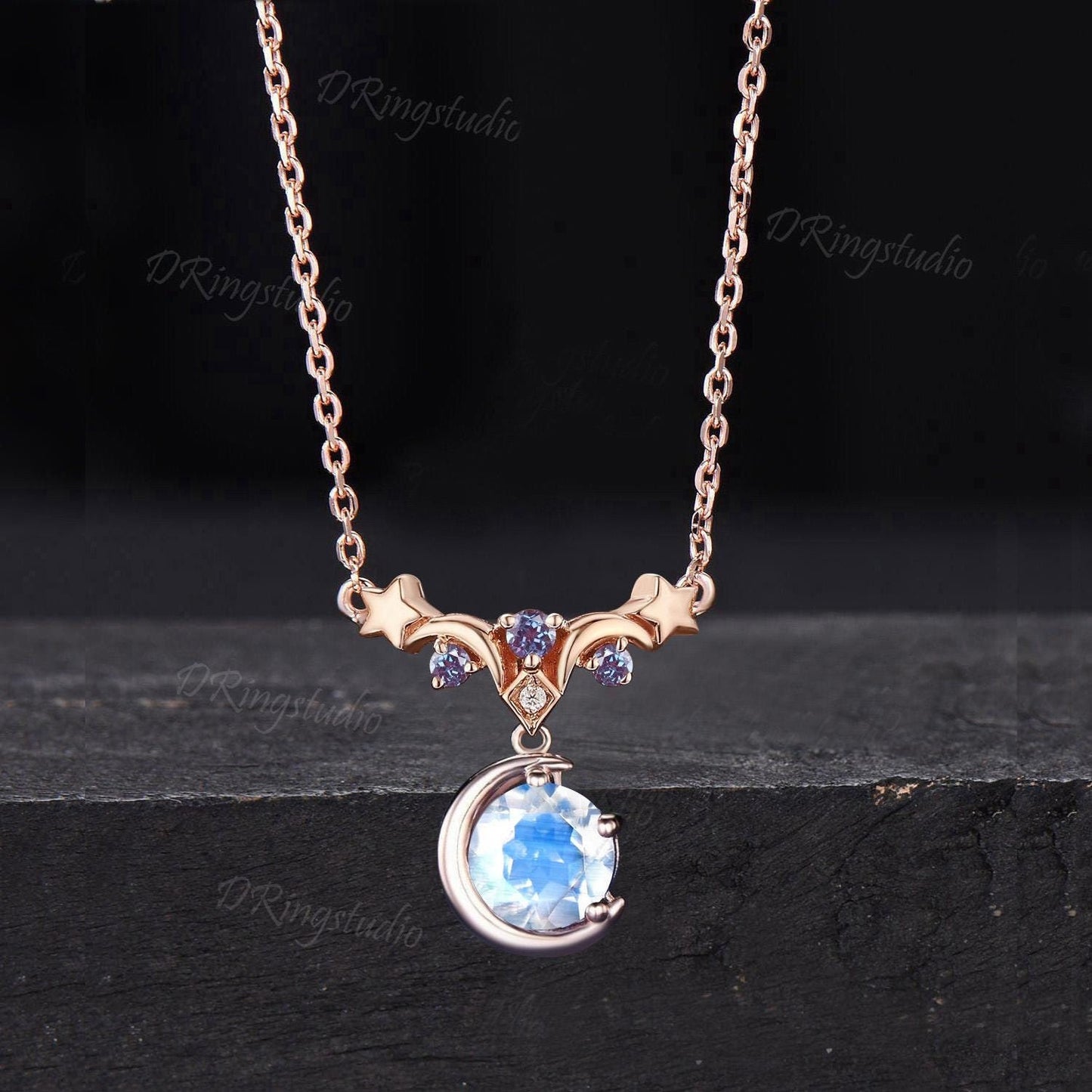 Moon Star Design Natural Moonstone Pendant Unique Round Natural Rainbow Moonstone Necklace Rose Gold Alexandrite Necklace Promise Women Gift