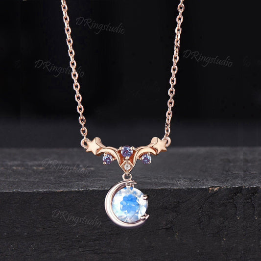 Moon Star Design Natural Moonstone Pendant Unique Round Natural Rainbow Moonstone Necklace Rose Gold Alexandrite Necklace Promise Women Gift