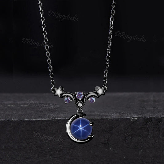 Black Gold Round Starry Star Blue Sapphire Necklace Gothic Black Lindy Star Necklace Moon Star Wedding Pendant Witchy Jewelry Birthday Gift