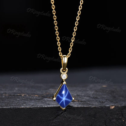 Unique Kite Cut Starry Star Sapphire Necklace Sterling Silver Charm Necklace Lindy Star Blue Bridal Necklace Jewelry Birthday Gift for Women