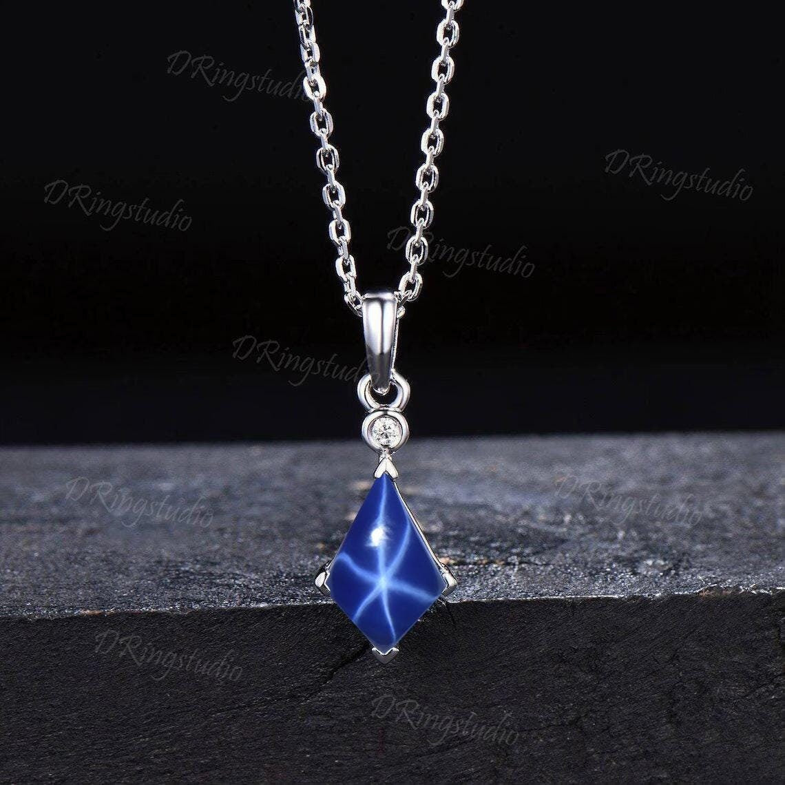 Unique Kite Cut Starry Star Sapphire Necklace Sterling Silver Charm Necklace Lindy Star Blue Bridal Necklace Jewelry Birthday Gift for Women