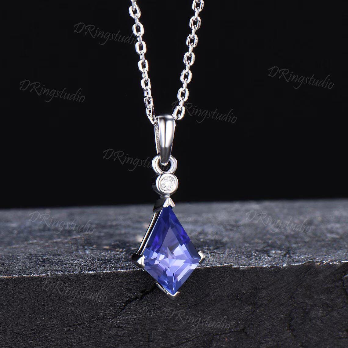 14k White Gold Natural Tanzanite Necklace Kite Cut Tanzanite Minimalist Pendant December Birthstone Pendant Necklace Birthday Proposal Gift