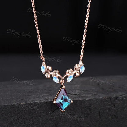 Nature Inspired Kite Cut Alexandrite Necklace 14k Rose Gold Leaf Vine Moonstone Necklace Twig Branch Alexandrite Wedding Pendant for Women