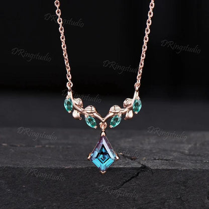 Nature Inspired Kite Cut Alexandrite Necklace 14k Rose Gold Leaf Vine Moonstone Necklace Twig Branch Alexandrite Wedding Pendant for Women