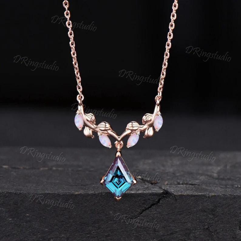 Nature Inspired Kite Cut Alexandrite Necklace 14k Rose Gold Leaf Vine Moonstone Necklace Twig Branch Alexandrite Wedding Pendant for Women