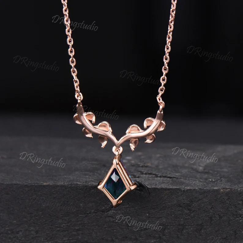 Nature Inspired Kite Cut Alexandrite Necklace 14k Rose Gold Leaf Vine Moonstone Necklace Twig Branch Alexandrite Wedding Pendant for Women