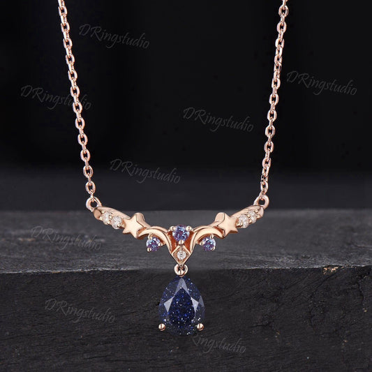 Moon Star Galaxy Nebula Necklace Celestial Starry Sky Pear Blue Sandstone Necklace Rose Gold Alexandrite Moissanite Pendant Anniversary Gift