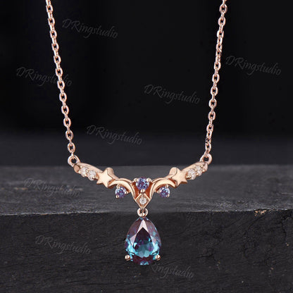 Moon Star Teardrop Alexandrite Necklace 14k Rose Gold Moissanite Diamond Necklace Celestial Moon Bridal Pendant June Birthstone Jewelry Gift