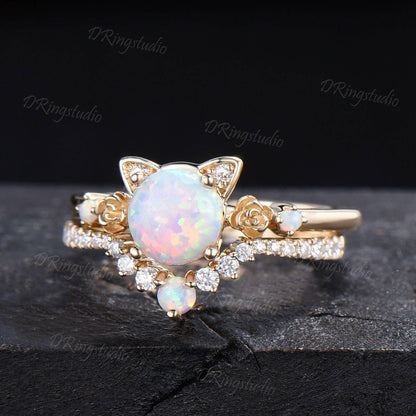 Dainty 14k Yellow Gold Cat Wedding Ring Kitten 1ct Round White Opal Engagament Ring Unique Fire Opal Flower Wedding Ring Gift For Daughter