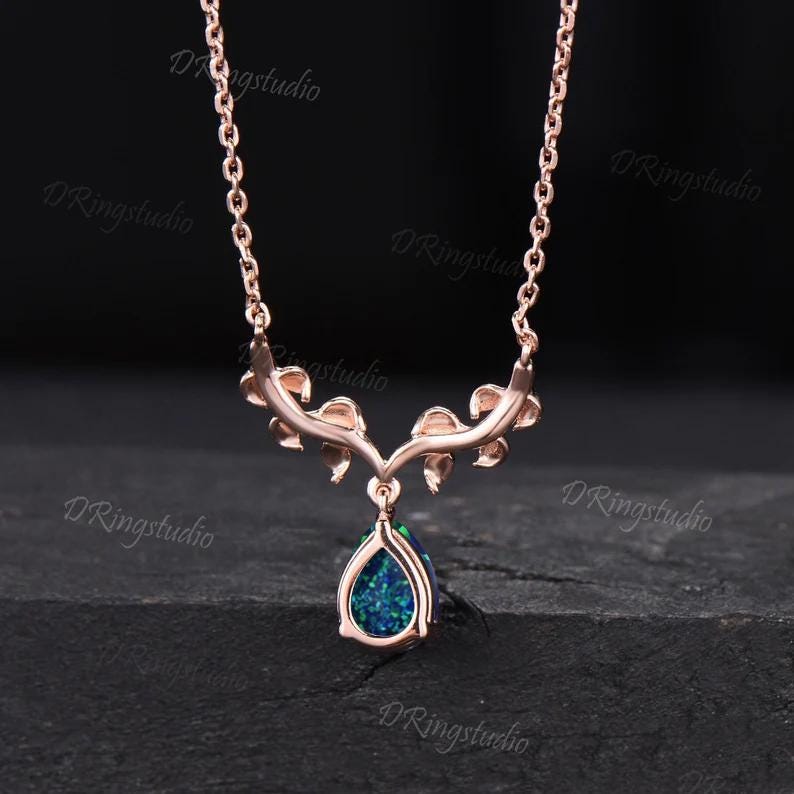 Unique Teardrop Black Opal Necklace 14k Rose Gold Leaf Vine Pendant Necklace Twig Branch Black Fire Opal Anniversary Necklace Women Jewelry