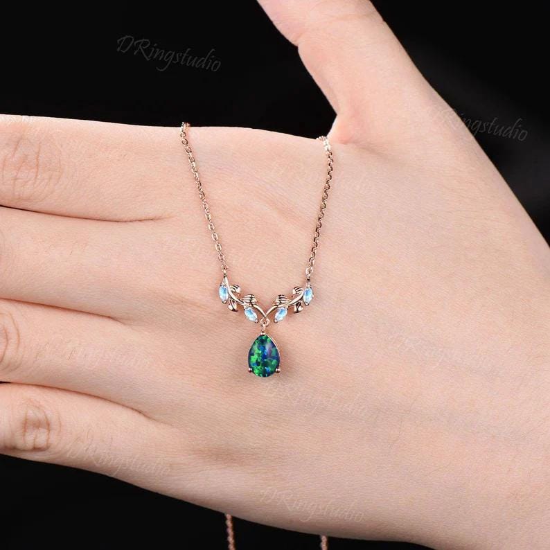 Unique Teardrop Black Opal Necklace 14k Rose Gold Leaf Vine Pendant Necklace Twig Branch Black Fire Opal Anniversary Necklace Women Jewelry