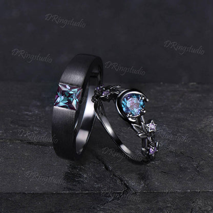 Black Gold Matching Couple Ring Set Moon Star Alexandrite Engagement Ring Matte Wedding Band His and Hers Ring Set Promise Ring for Couples