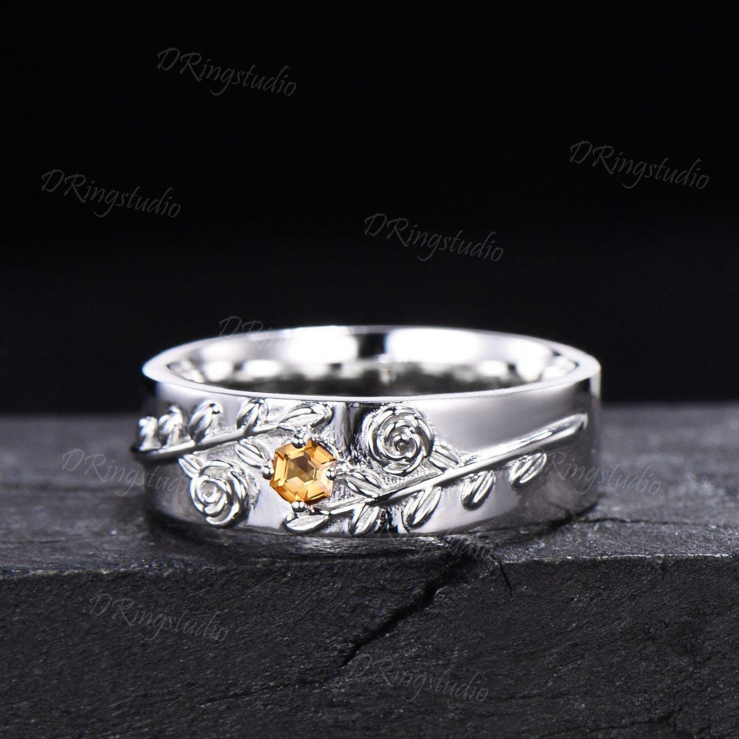 Hexagon Natural Citrine Wedding Band Sterling Silver Nature Inspired Leaf Engagement Band 6mm Engraved Wedding Ring November Birthstone Band