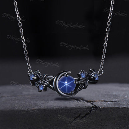 Gothic Black Gold Round Starry Star Sapphire Necklace Moon Star Wedding Necklace Twig Leaf Blue Gemstone Pendant Witchy Jewelry Promise Gift