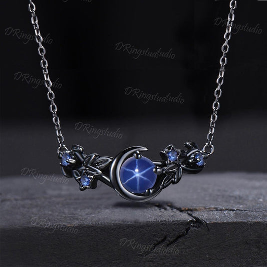 Gothic Black Gold Round Starry Star Sapphire Necklace Moon Star Wedding Necklace Twig Leaf Blue Gemstone Pendant Witchy Jewelry Promise Gift