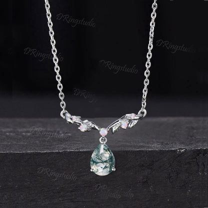 Teardrop Natural Moss Agate Necklace Nature Inspired Branch Leaf Vine Emerald Pendant 14k/18k White Gold Necklace Anniversary Gift for Women