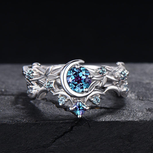 Celestial Moon Engagement Ring 14k White Gold Round Alexandrite Ring Nature Inspired Leaf Vine Wedding Ring June Birthstone Ring Women Gift