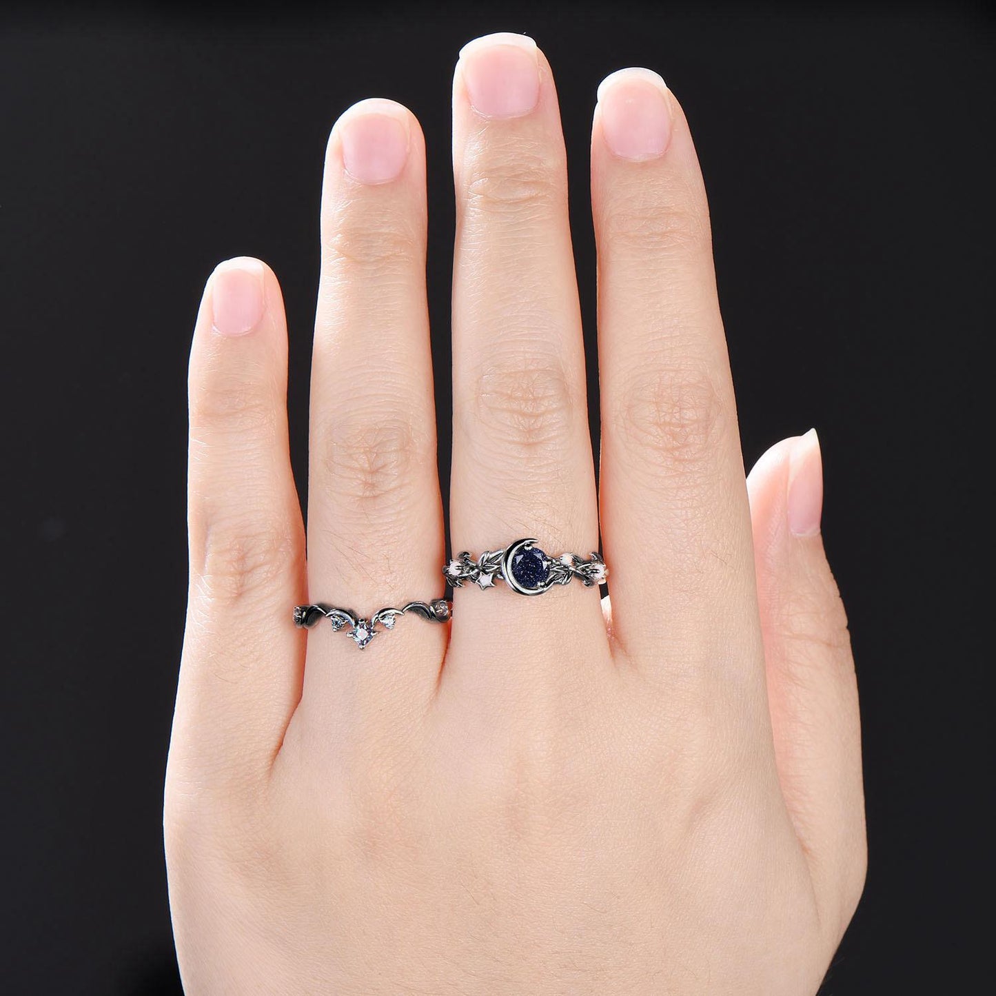 Gothic Starry Blue Sandstone Engagement Ring Set Moon Star Alexandrite Ring 14k Black Gold Twig Leaf Vine Amethyst Wedding Ring Promise Gift