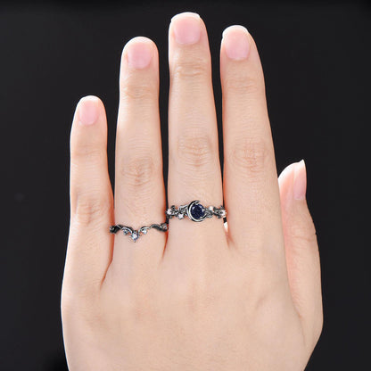 Gothic Starry Blue Sandstone Engagement Ring Set Moon Star Alexandrite Ring 14k Black Gold Twig Leaf Vine Amethyst Wedding Ring Promise Gift