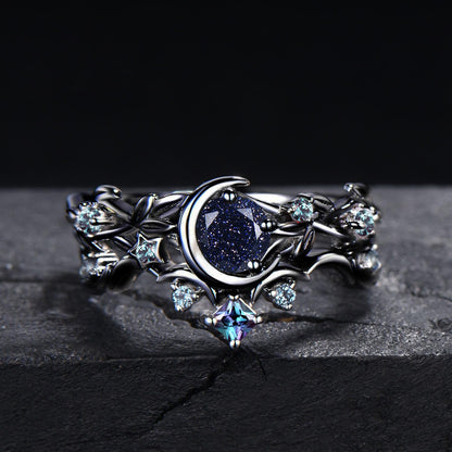 Gothic Starry Blue Sandstone Engagement Ring Set Moon Star Alexandrite Ring 14k Black Gold Twig Leaf Vine Amethyst Wedding Ring Promise Gift