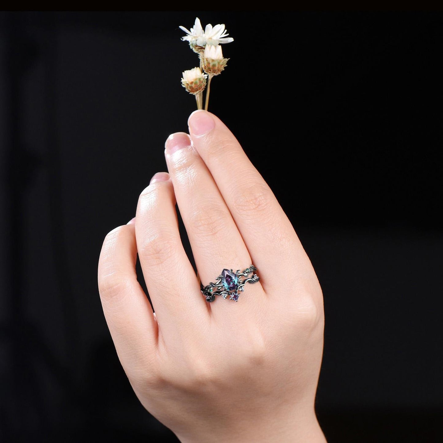 Black Gold Alexandrite Engagement Ring Gothic Black Twig Vine June Birthstone Ring Celestial Moon Wedding Ring Pear Shaped Bridal Ring Set