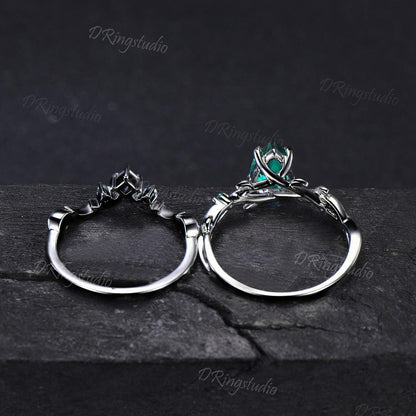 Black Twig Vine Green Emerald Engagement Ring Gothic Black Gold Emerald Bridal Ring Set Celestial Moon Alexandrite Wedding Ring Promise Gift