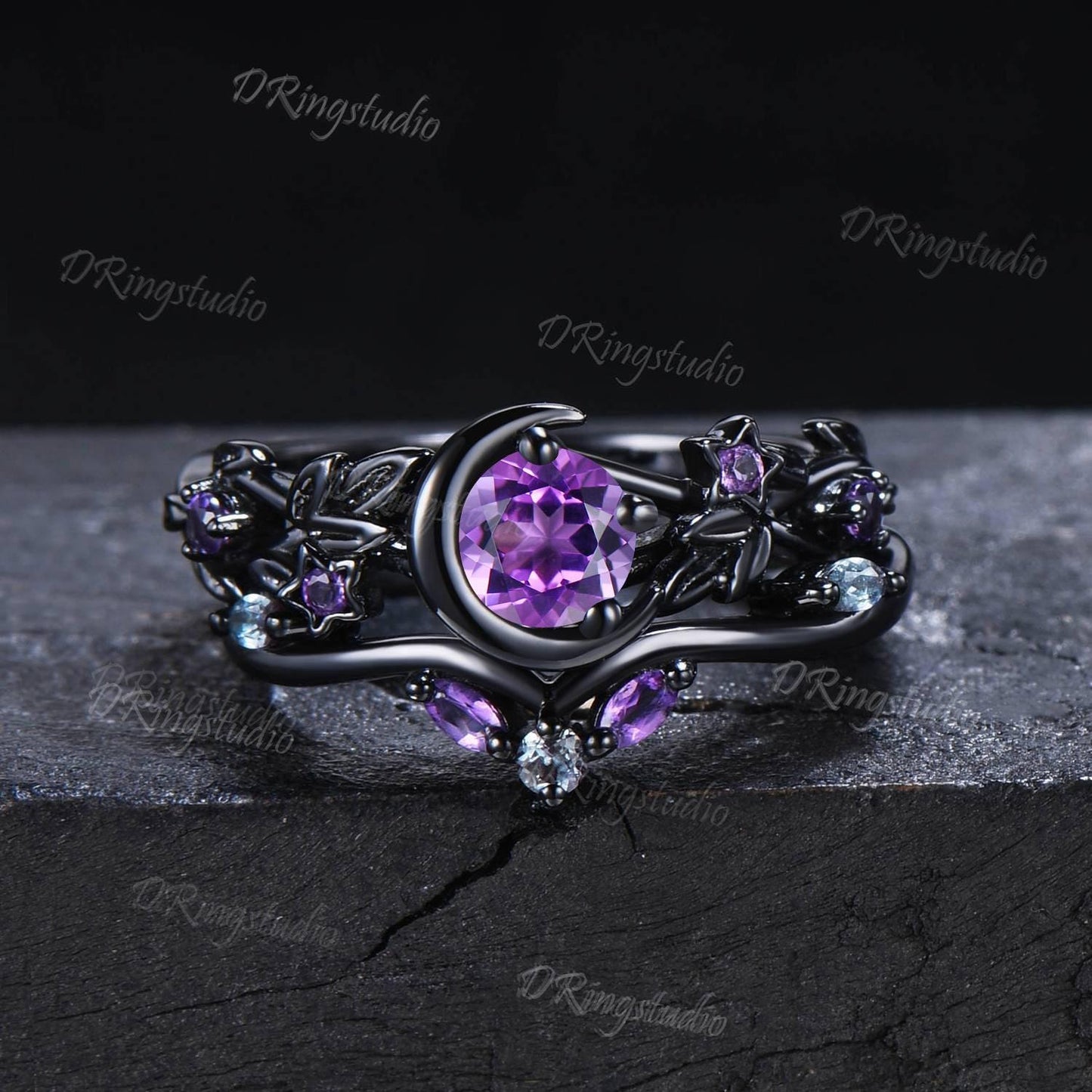 Moon Star Natural Amethyst Engagement Ring Gothic Black Gold Alexandrite Wedding Ring Black Leaf Branch Purple Crystal Ring Proposal Gift