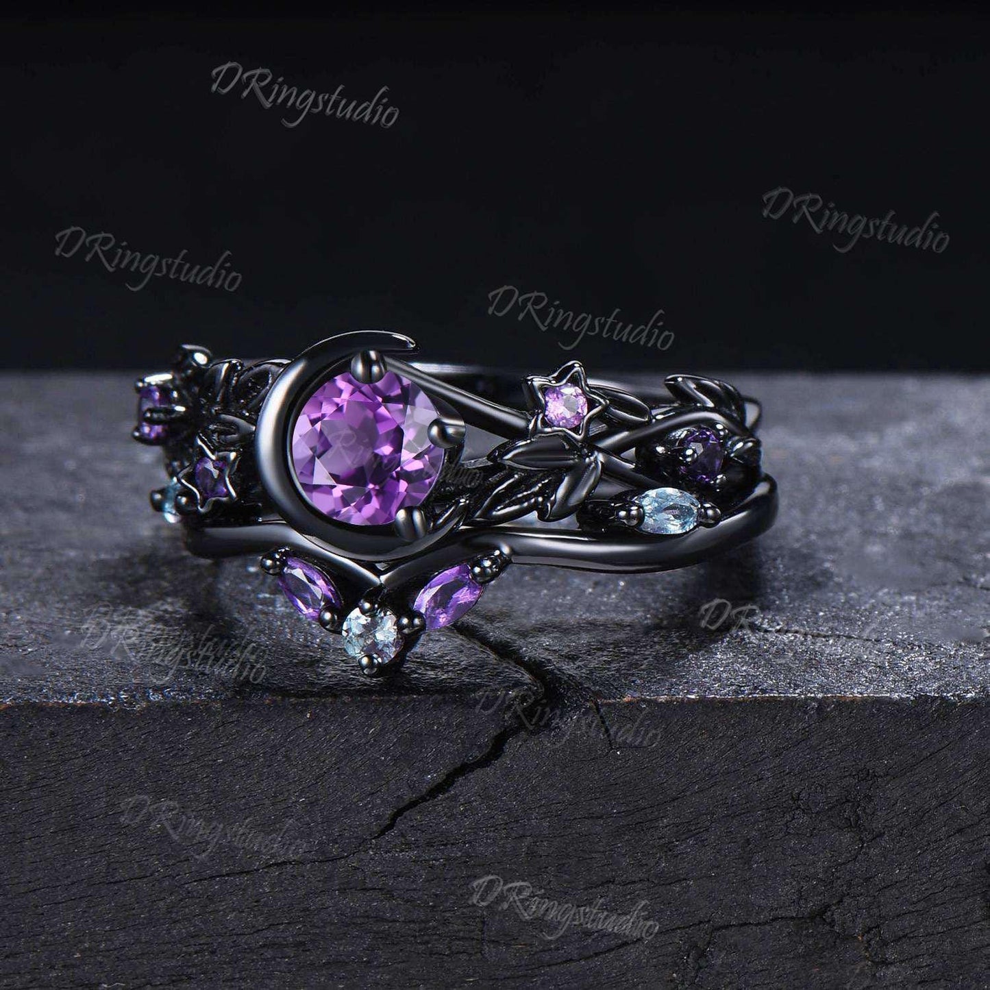 Moon Star Natural Amethyst Engagement Ring Gothic Black Gold Alexandrite Wedding Ring Black Leaf Branch Purple Crystal Ring Proposal Gift