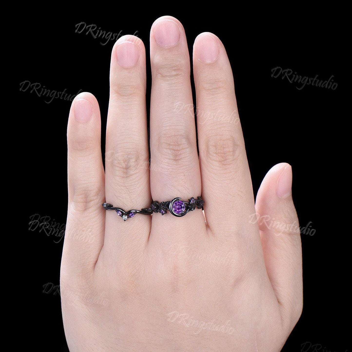 Moon Star Natural Amethyst Engagement Ring Gothic Black Gold Alexandrite Wedding Ring Black Leaf Branch Purple Crystal Ring Proposal Gift