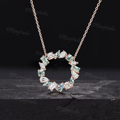 Unique Multi-Cut Moissanite Necklace 14k Yellow Gold Mixed Moss Agate Circle Necklace Baguette and Pear Shape Moissanite Eternity Pendant