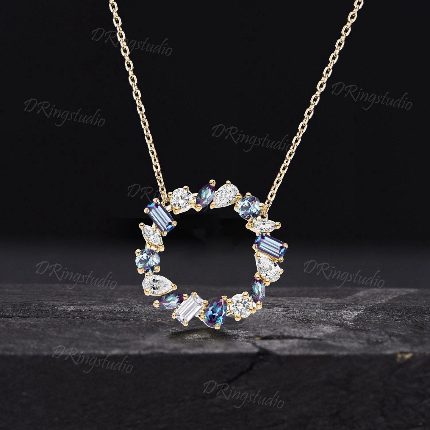 Multi-Cut Alexandrite Circle Necklace 14k Rose Gold Mixed Moissanite Necklace Unique Wreath Crown Setting Pendant Anniversary Gift for Women