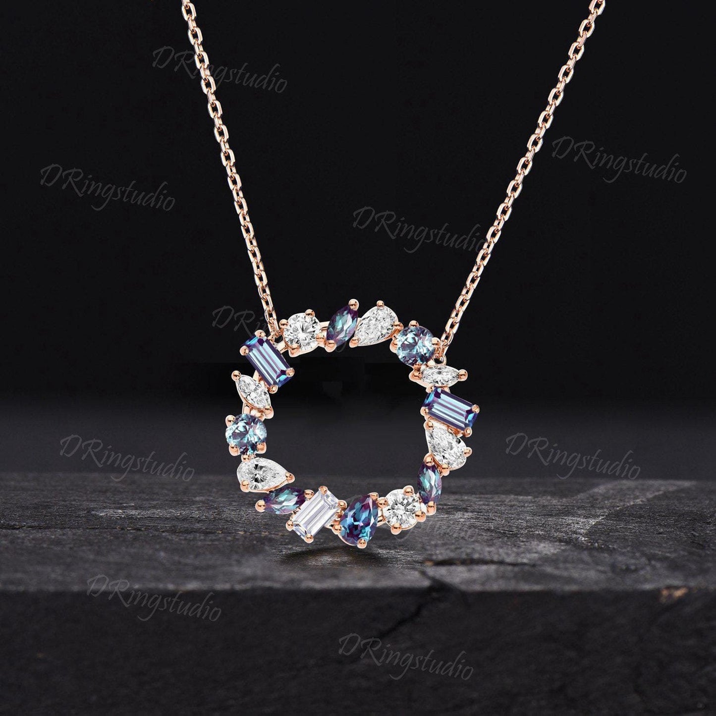 Multi-Cut Alexandrite Circle Necklace 14k Rose Gold Mixed Moissanite Necklace Unique Wreath Crown Setting Pendant Anniversary Gift for Women