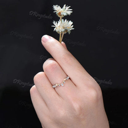 Moon Star Moissanite Wedding Band Solid 14k Rose Gold Curved Stacking Wedding Ring 7 Stone Moissanite Matching Band Proposal Gift for Women