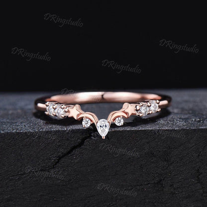 Moon Star Moissanite Wedding Band Solid 14k Rose Gold Curved Stacking Wedding Ring 7 Stone Moissanite Matching Band Proposal Gift for Women