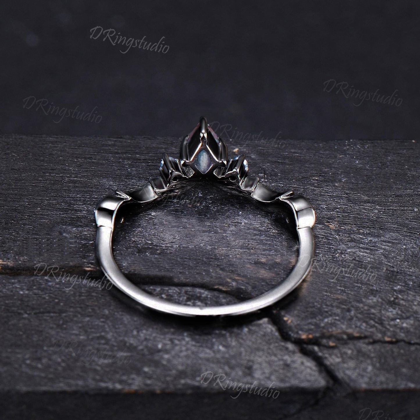 Gothic Black Moon Wedding Band Black Gold Pear Shaped Alexandrite Matching Wedding Band Unique Celestial Moon Stacking Ring Anniversary Gift