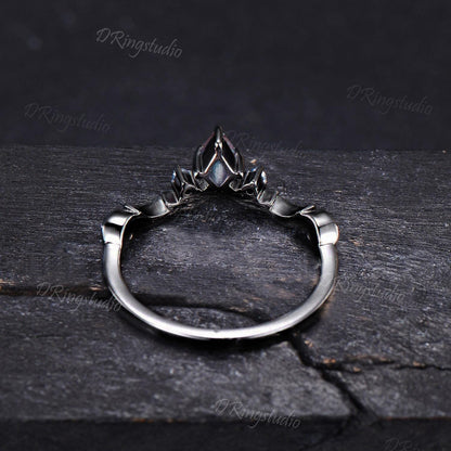 Gothic Black Moon Wedding Band Black Gold Pear Shaped Alexandrite Matching Wedding Band Unique Celestial Moon Stacking Ring Anniversary Gift