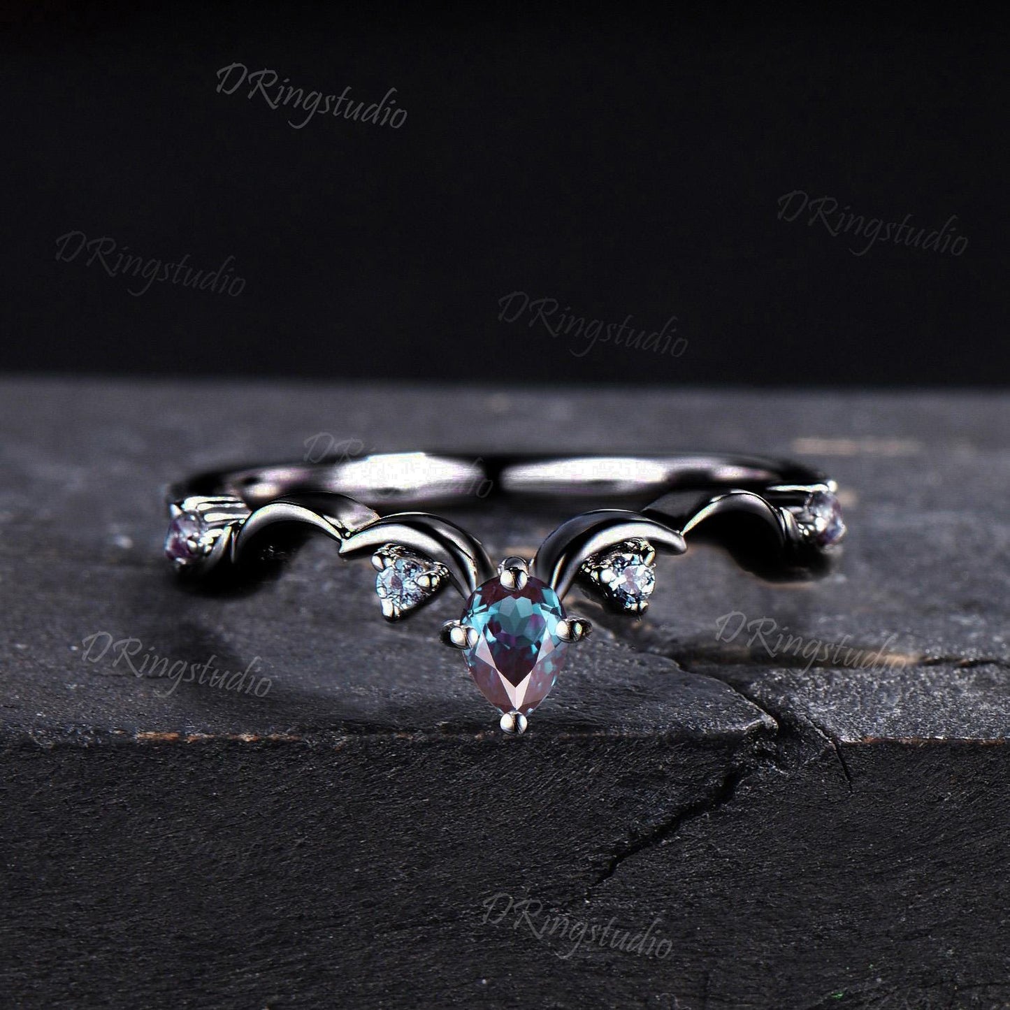 Gothic Black Moon Star Pear Shaped Alexandrite Engagement Ring 10k Black Gold Twig Leaf Vine Alexandrite Wedding Ring Set Anniversary Gift