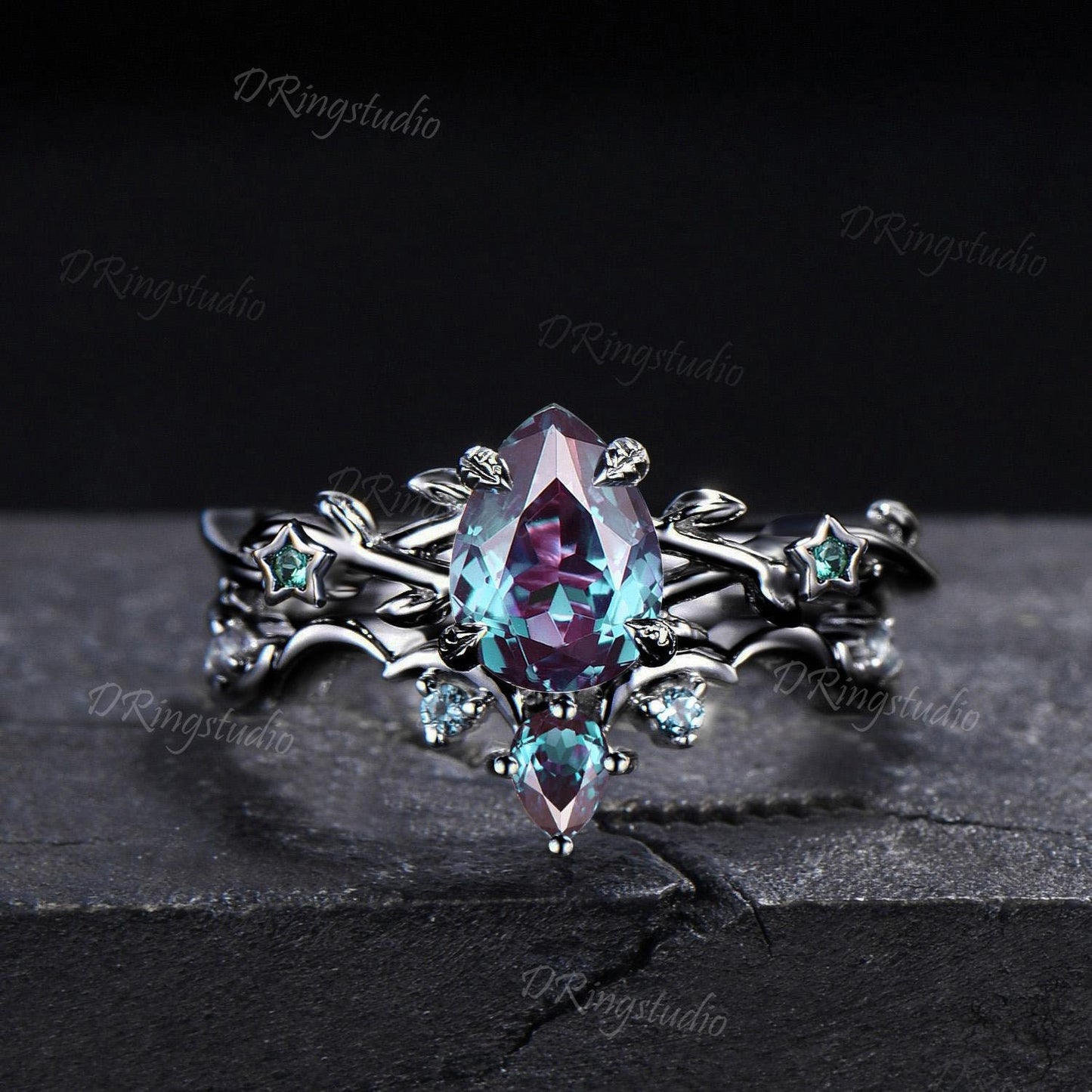 Gothic Black Moon Star Pear Shaped Alexandrite Engagement Ring 10k Black Gold Twig Leaf Vine Alexandrite Wedding Ring Set Anniversary Gift