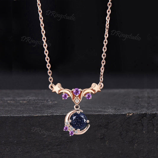 Celestial Moon Starry Sky Round Blue Sandstone Necklace Moon Star Galaxy Nebula Necklace Rose Gold Amethyst Wedding Pendant Anniversary Gift