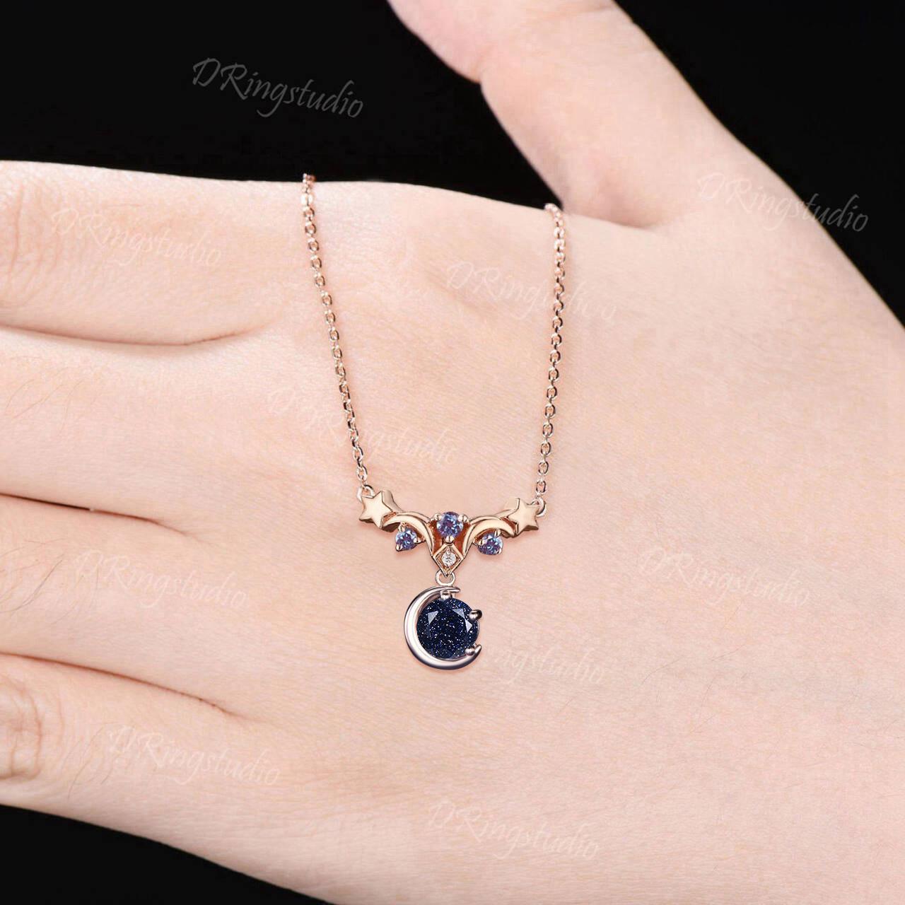 Solid 14k Rose Gold Round Blue Sandstone Necklace Celestial Moon Starry Sky Sandstone Pendant Moon Star Galaxy Nebula Necklace Proposal Gift
