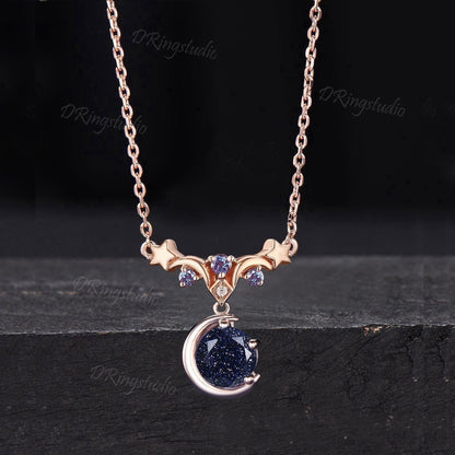 Solid 14k Rose Gold Round Blue Sandstone Necklace Celestial Moon Starry Sky Sandstone Pendant Moon Star Galaxy Nebula Necklace Proposal Gift