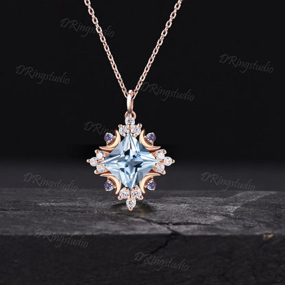 Dainty 14k Rose Gold Aquamarine Necklace Celestial Moon Princess Cut Aquamarine Pendant Halo Moissanite Diamond Charm Necklace Proposal Gift