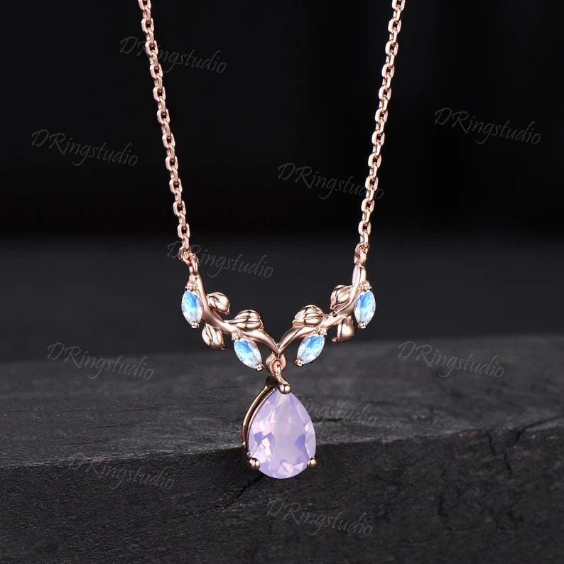 Nature Inspired Pear Lavender Amethyst Necklace 14k Rose Gold Natural Amethyst Opal Charm Pendant Twig Leaf Vine Necklace Anniversary Gift